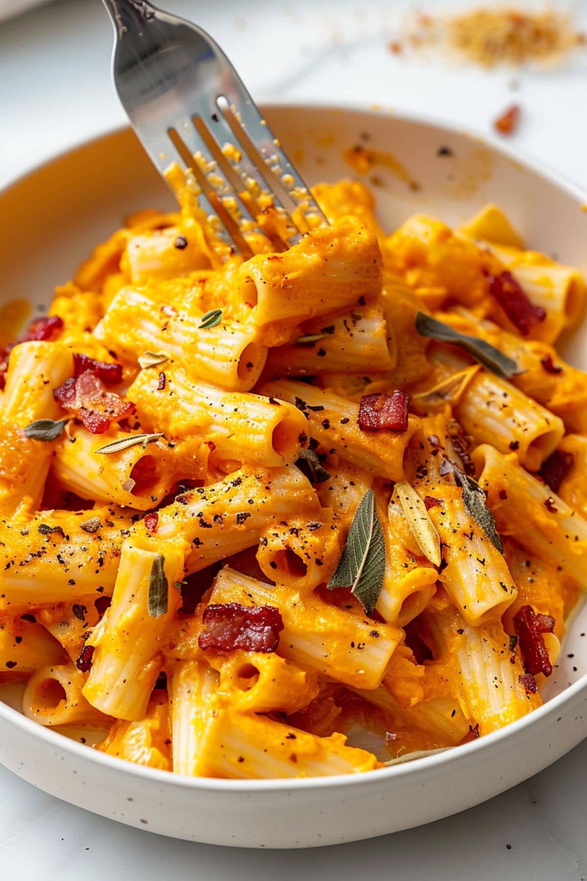 Fork in a white bowl of creamy Butternut Squash Pasta with sage leaves and crispy bacon