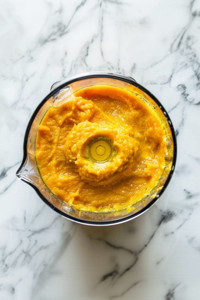 Butternut squash puree inside a blender pitcher.