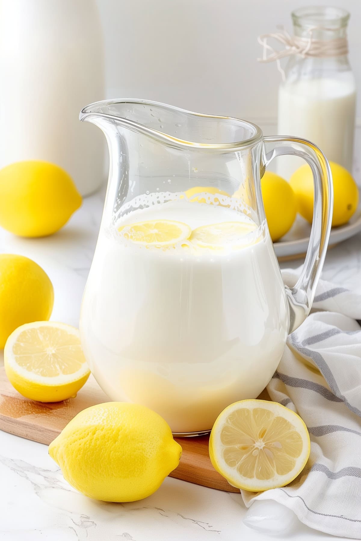 Delicious creamy lemonade in a glass pitcher with fresh lemon slices, serving on a cutting board surrounded by lemons