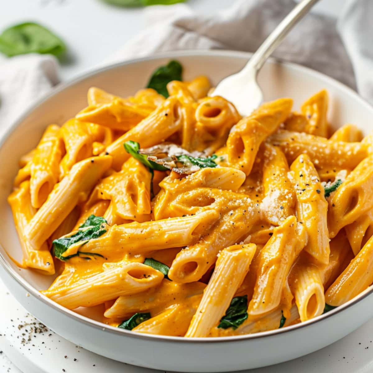 Pumpkin pasta served in a white bowl with fork. 