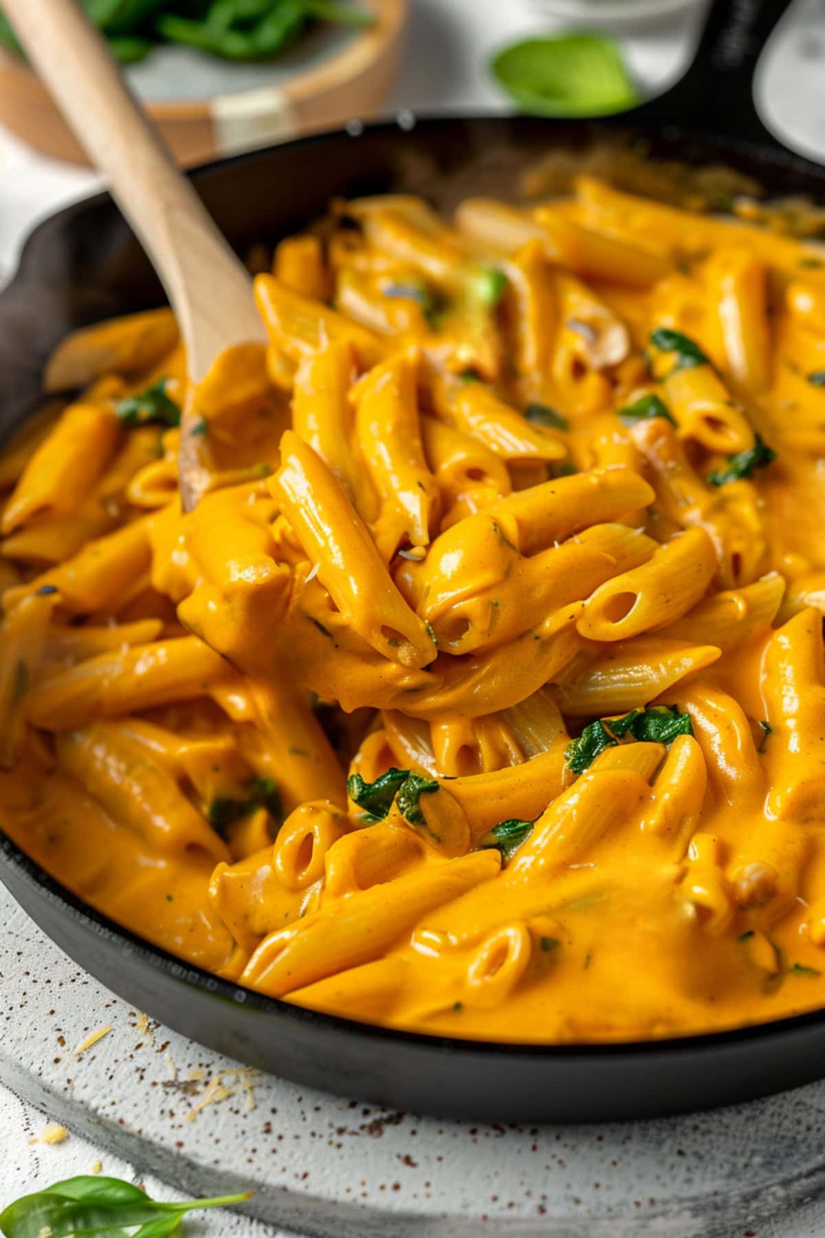 Wooden spoon stirring creamy pumpkin pasta in a cast iron skillet.