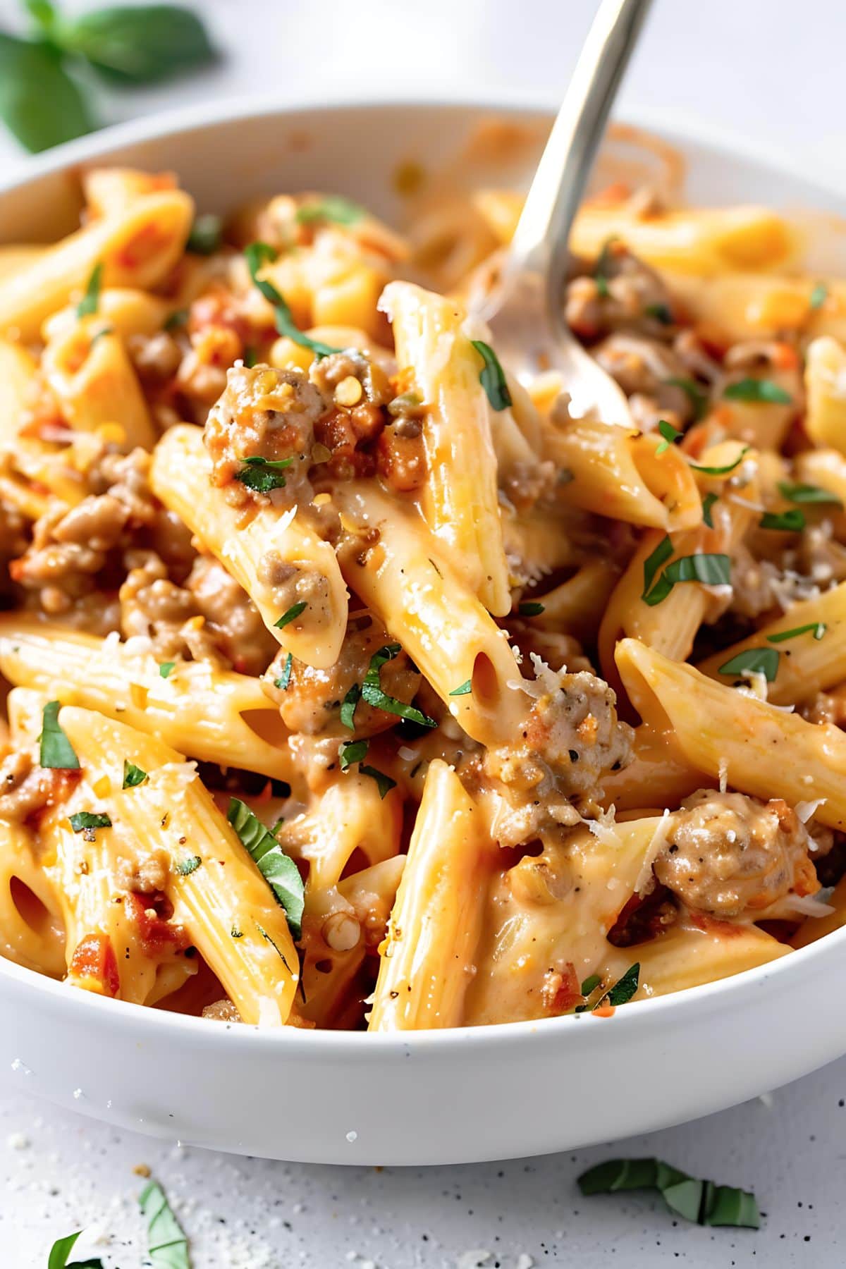 Cheesy and creamy Tuscan sausage pasta served in a white bowl, close up