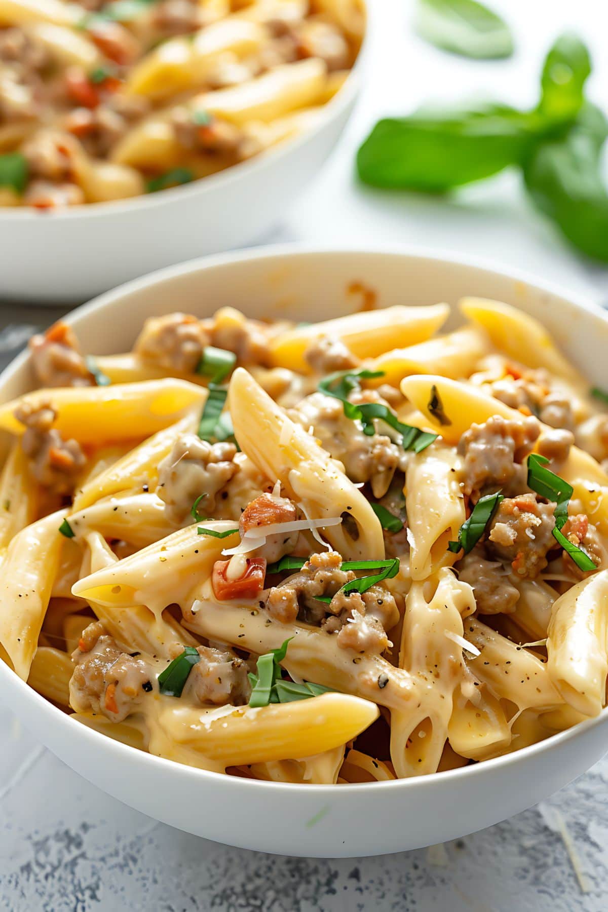 Tuscan sausage pasta served in a white bowl with penne pasta, creamy sauce, crumbled sausage and sun dried tomatoes.