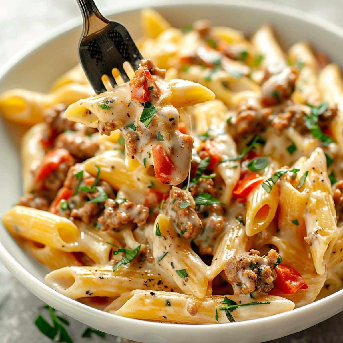 Fork picking serving of creamy Tuscan sausage pasta from a white bowl.