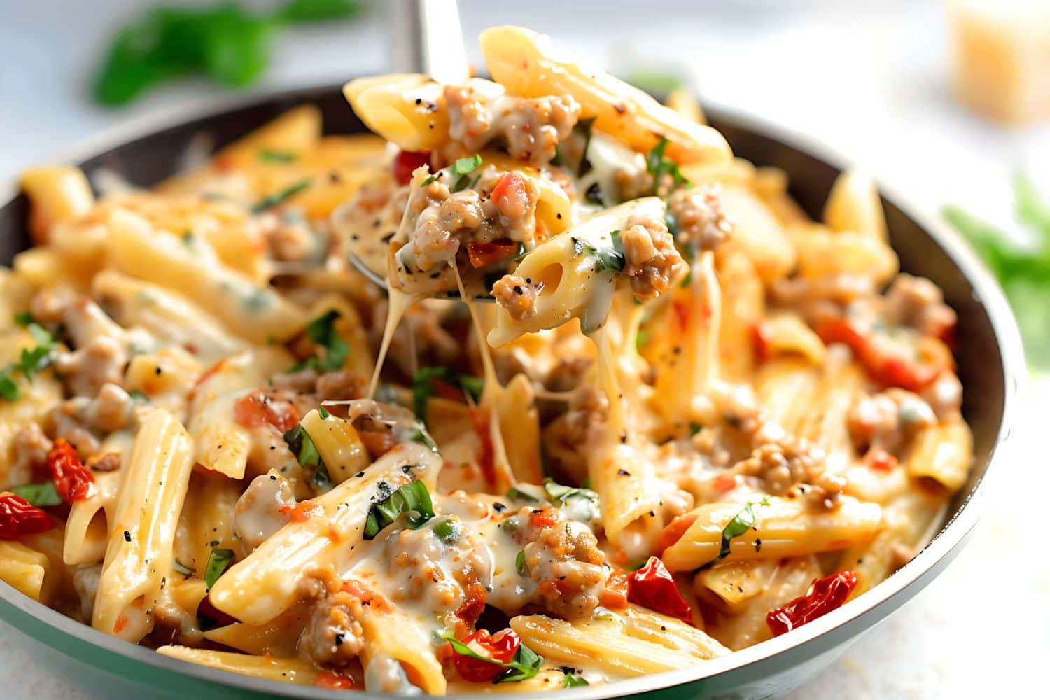 Metal ladle scooping a serving of penne pasta with creamy sauce, sausage and dried tomatoes cooked in a skillet pan.