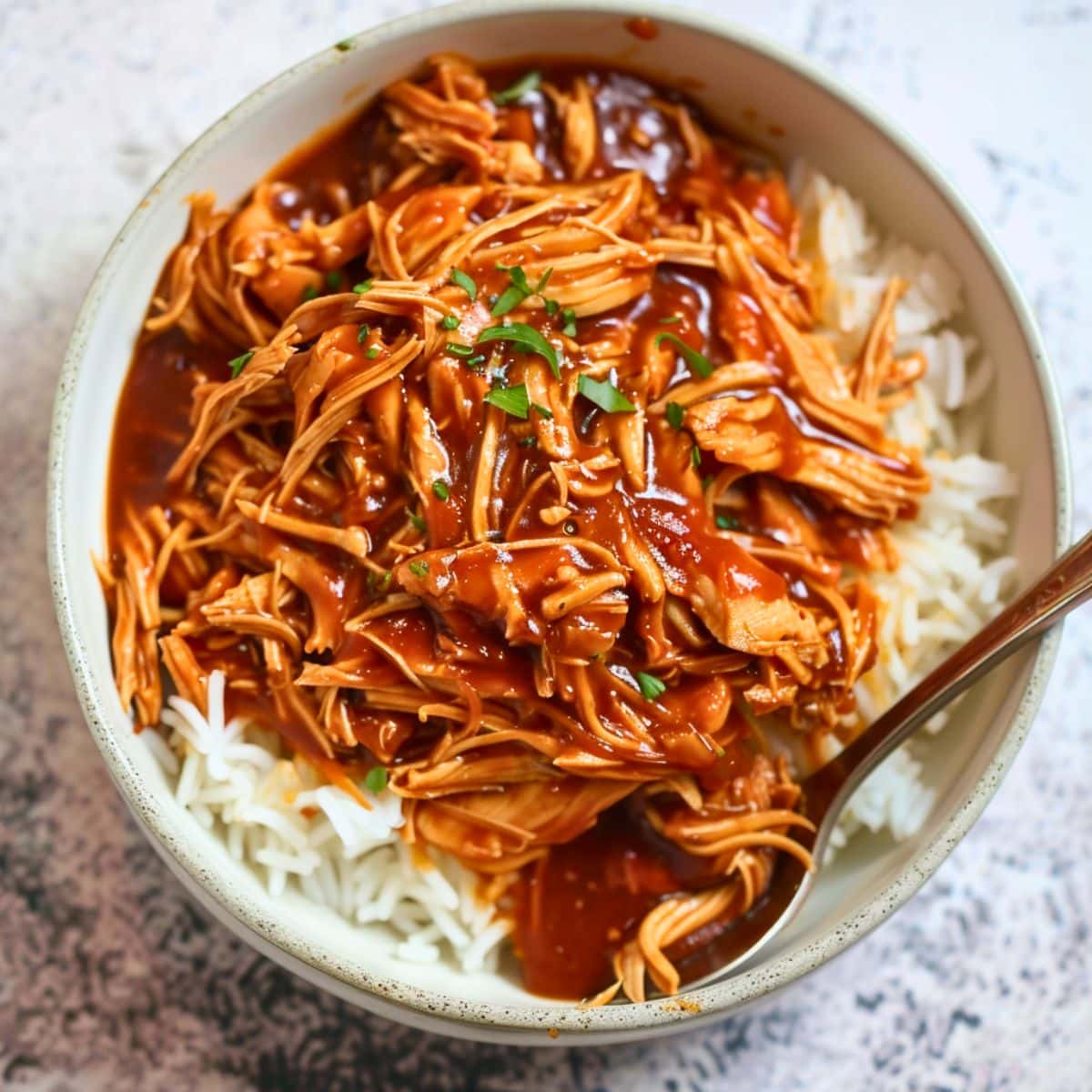 Shredded chicken served on top of white rice.