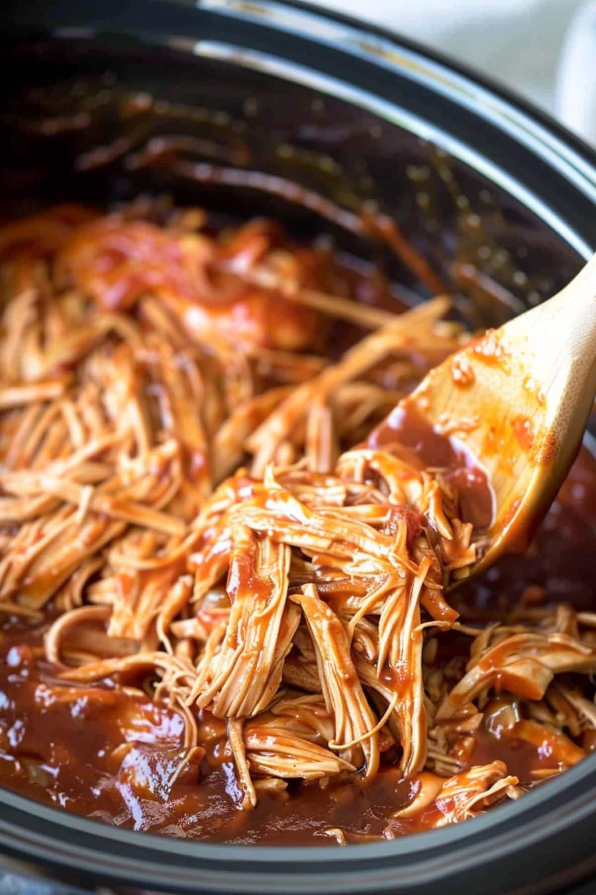 Wooden ladle tossing shredded chicken with barbeque sauce in a skillet.