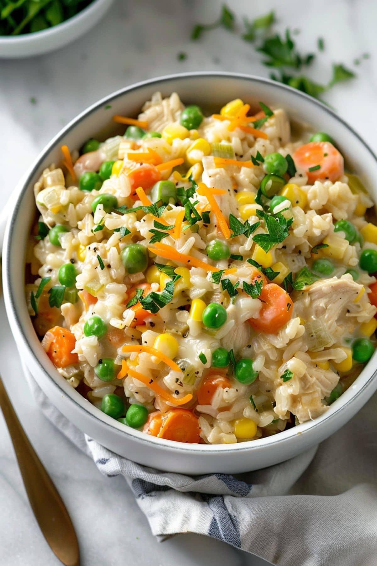 Creamy and cheesy creamy chicken and rice with mix veggies in a bowl. 