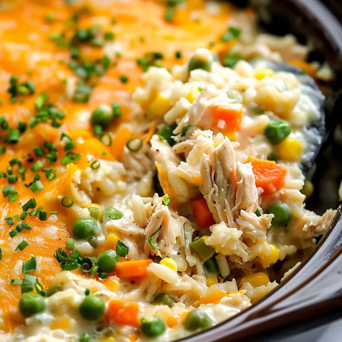 Creamy and cheesy chicken and rice in a crockpot.