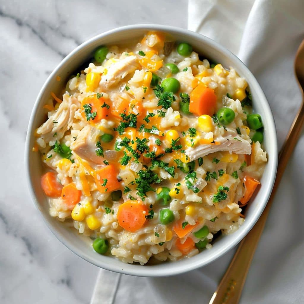 Serving of cheesy and creamy crockpot chicken and rice in a white bowl.