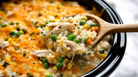 Chicken and rice with cheese and creamy soup in a corckpot.