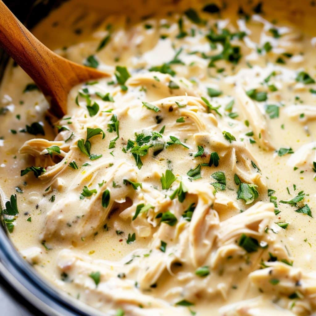 Shredded chicken cooked in creamy white sauce in a slow cooker.