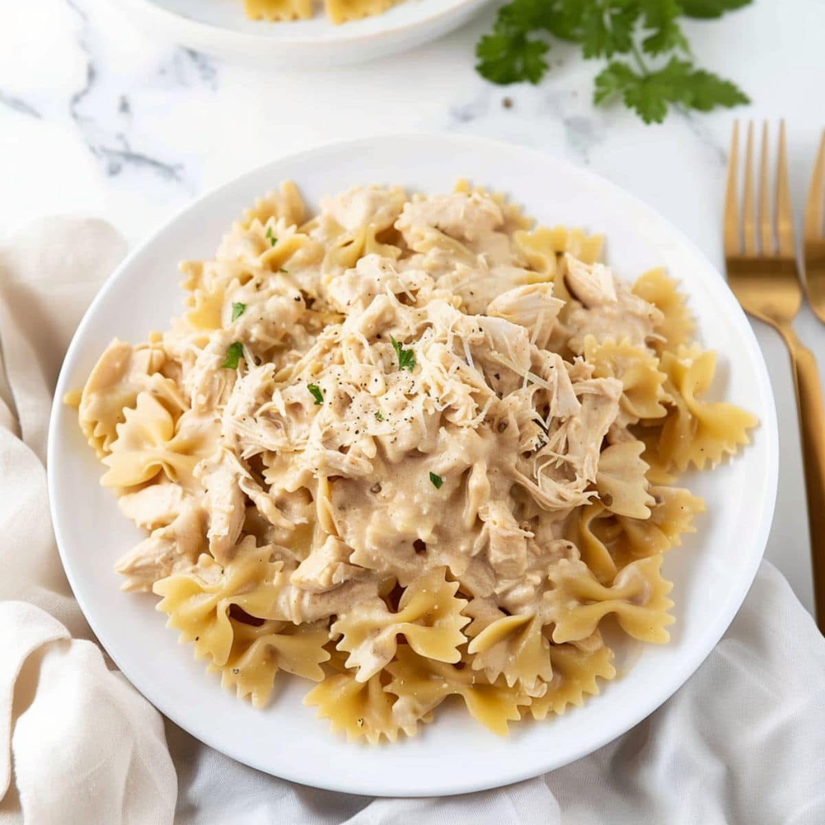 Bowtie pasta topped with shredded chicken in creamy sauce.