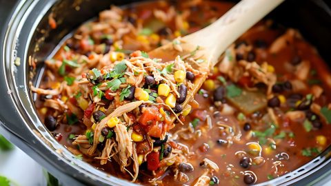 Shredded chicken in a Crockpot with wooden ladle.