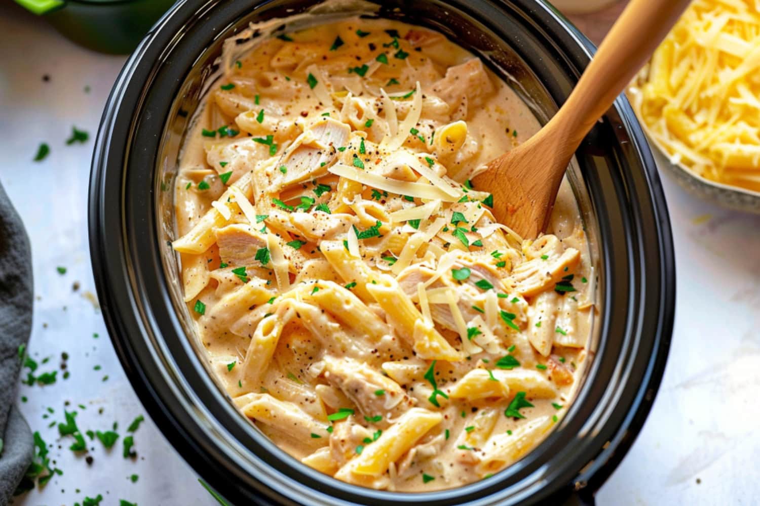Penne pasta in creamy and buttery olive garden sauce, cooked in a slow cooker with shredded chicken and parmesan cheese, tossed with a wooden ladle.