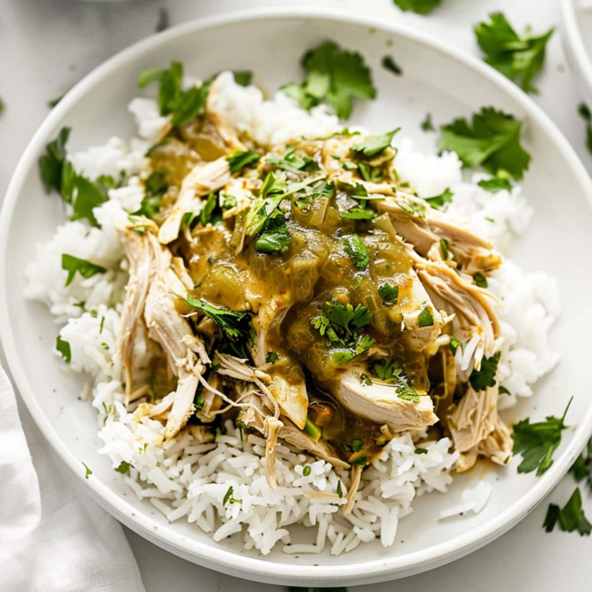 Salsa verde chicken served on top of white rice on a white plate with fresh cilantro, top view.