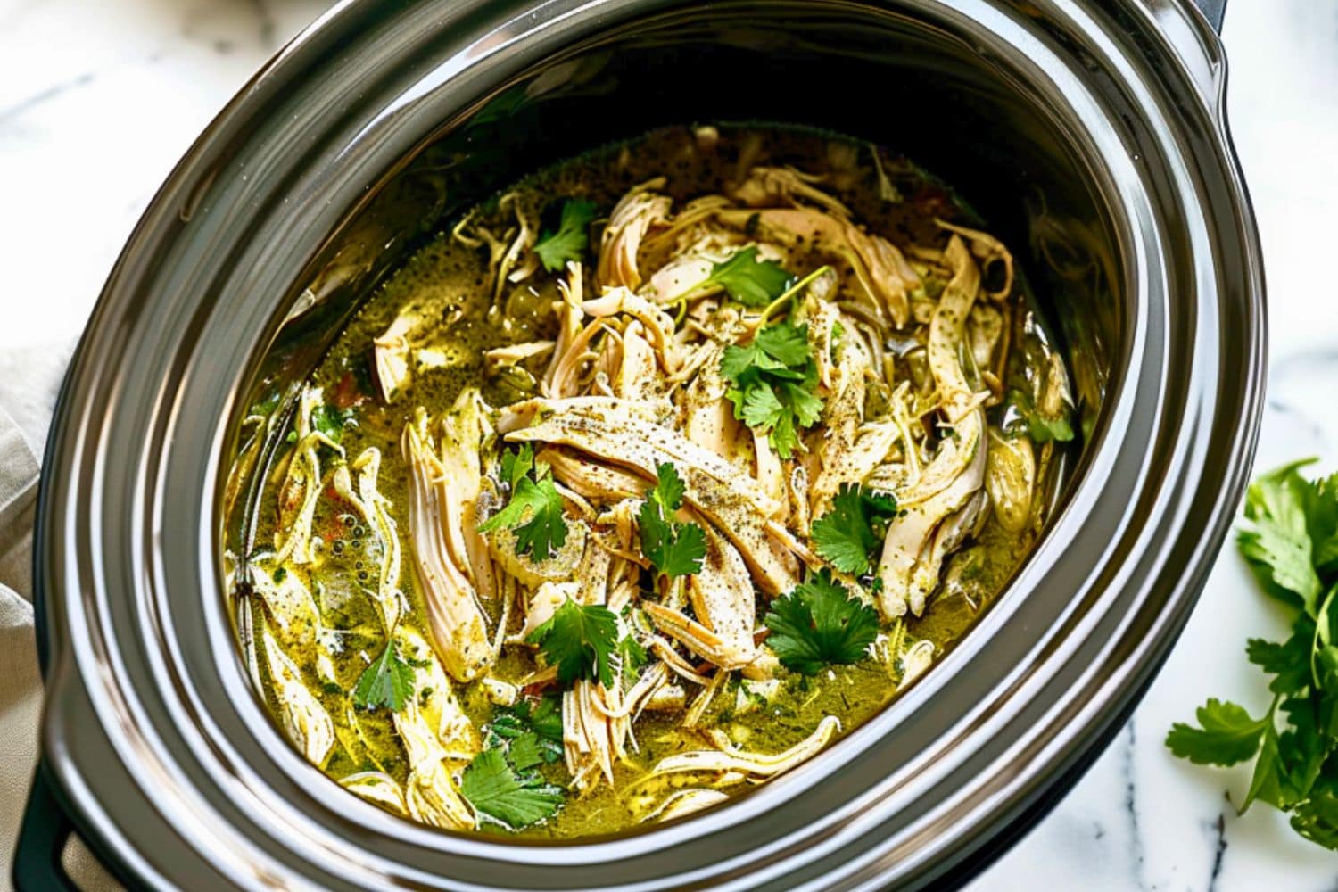 Salsa verde chicken in a slow cooker sitting on a white marble table.