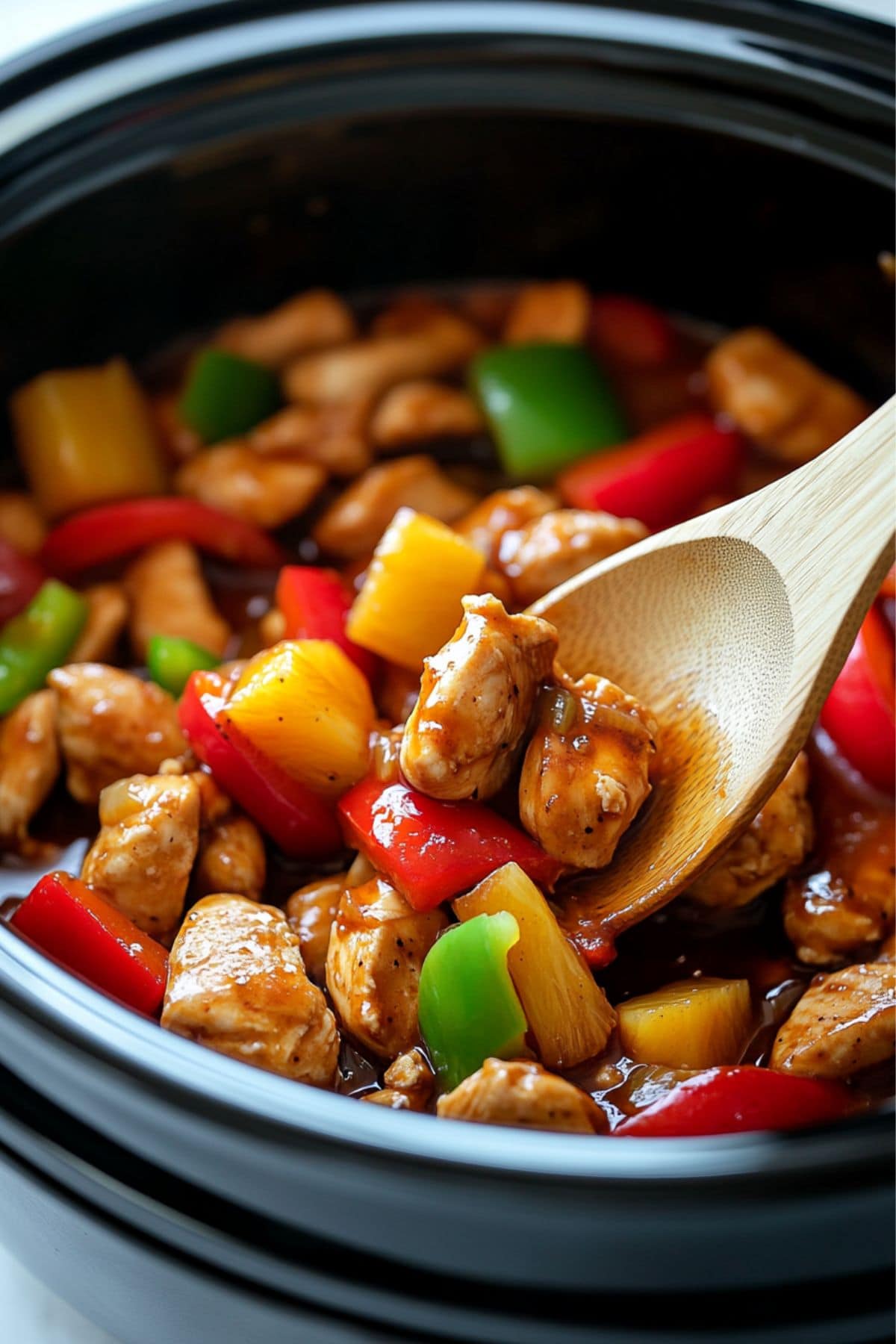 Wooden ladle inside a slow cooker with  sweet and sour chicken.