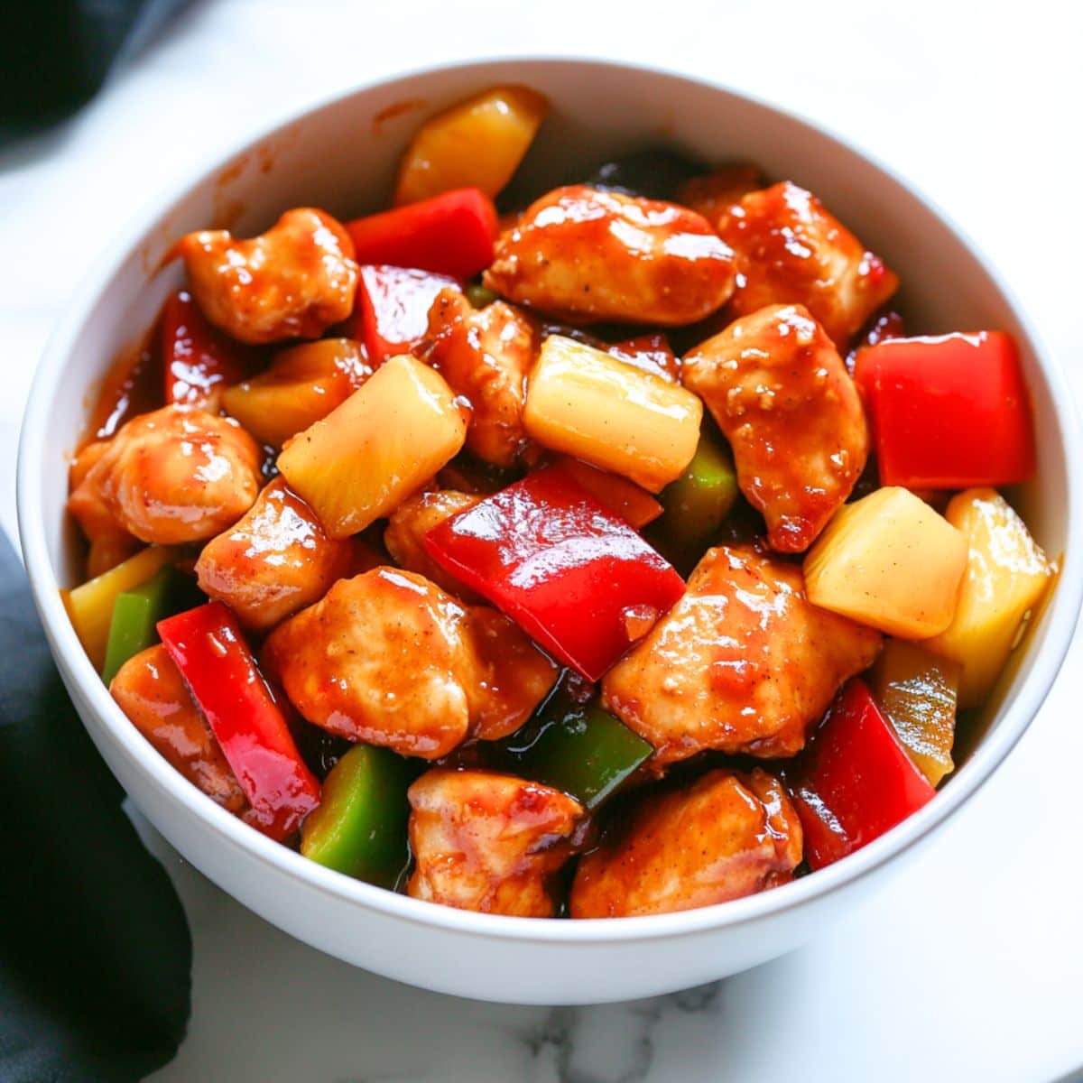 Sweet and sour chicken served in a white bowl.