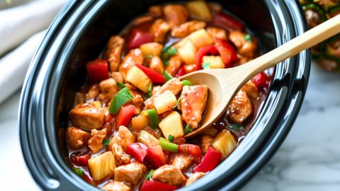 Sweet and sour chicken cooked inside a slow cooker.