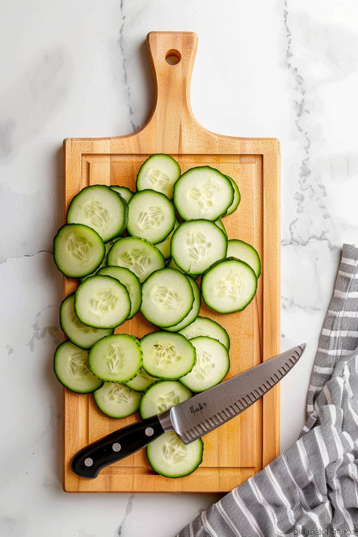 Sliced Round Cucumbers in a Wooden Board, Knife on thee Side.