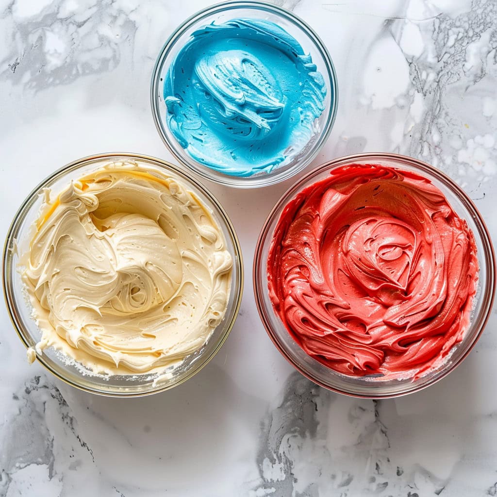 Red, white, and blue cake batter in bowls, top down view