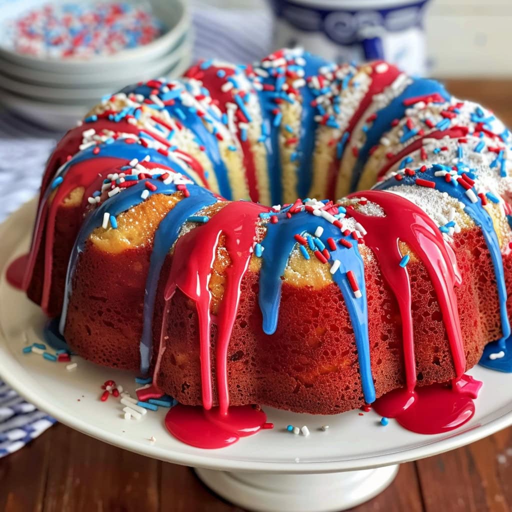 Fourth of July Firecracker Cake on a white cake stand