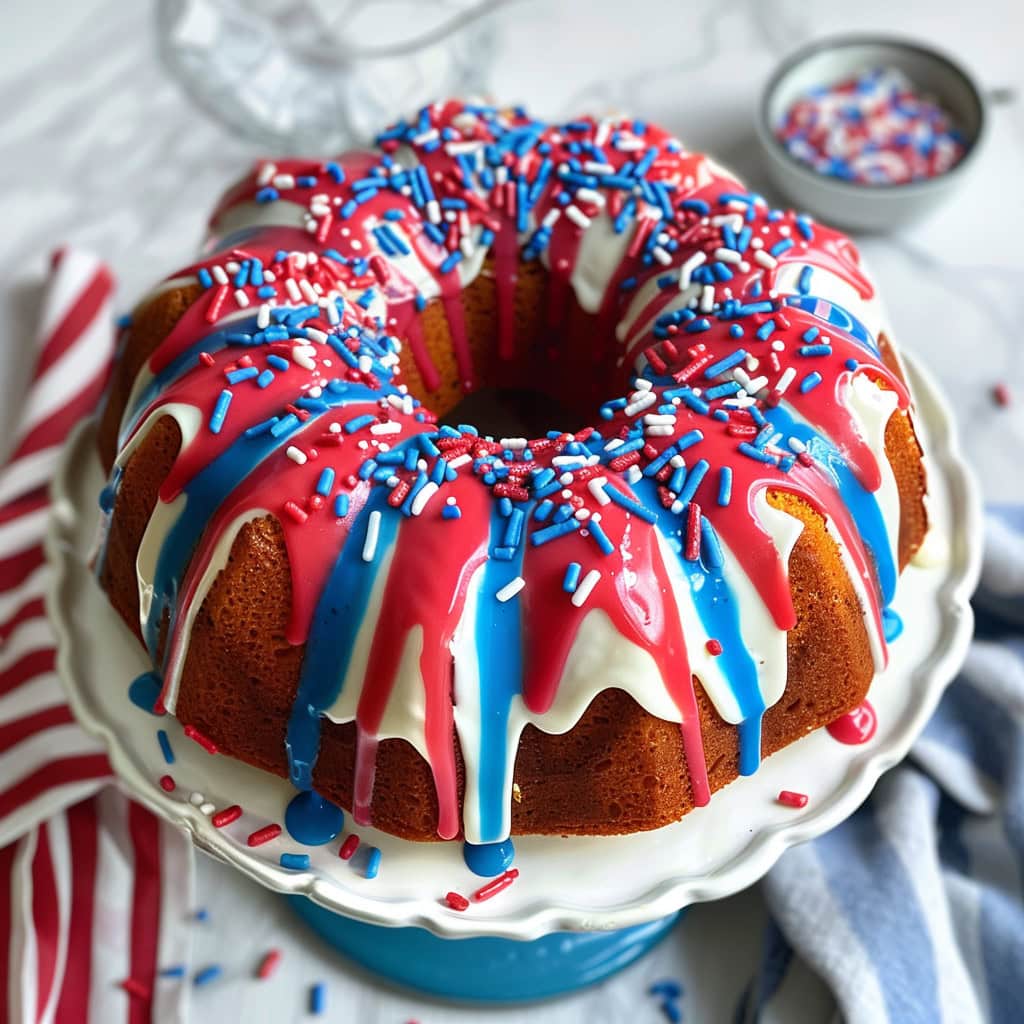 Red, white, and blue bundt cake with red white and blue glaze drizzled on top