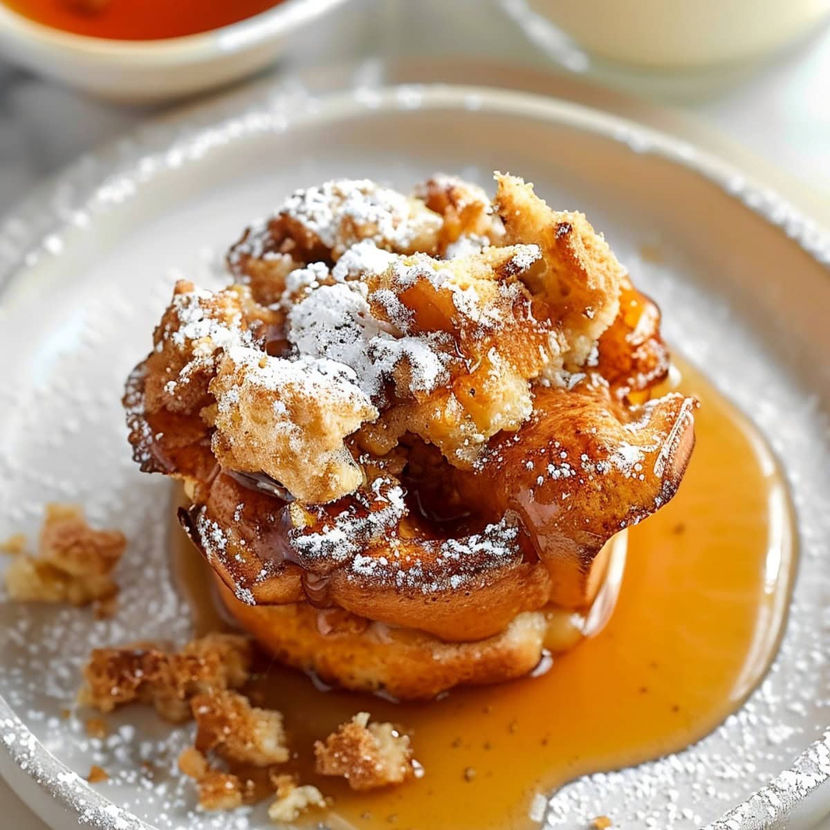 A Piece of French Toast Muffins in a White Plate with Maple Syrup.