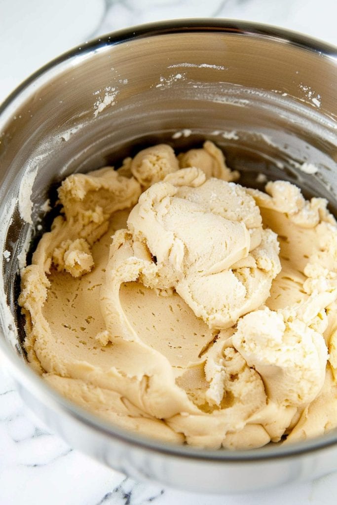 Cookie dough on a metal mixing bowl.