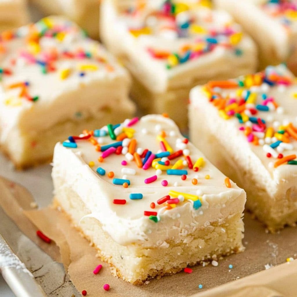 Sliced frosted cookie bars on a baking sheet with parchment paper.