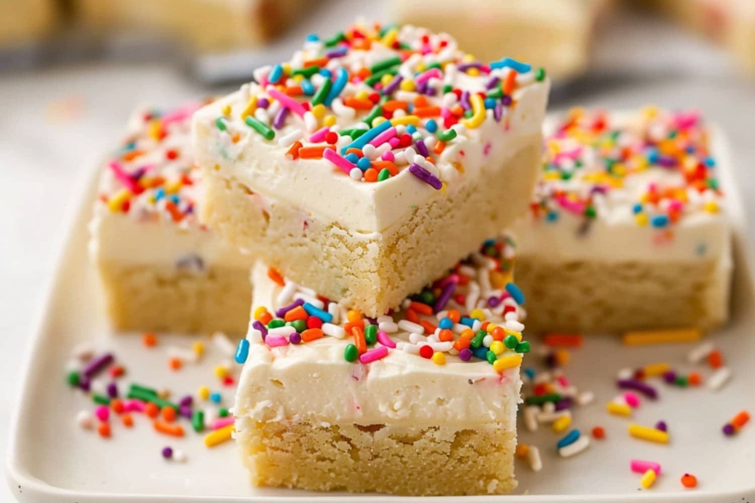 Frosted sugar cookie bars arranged on a square plate.