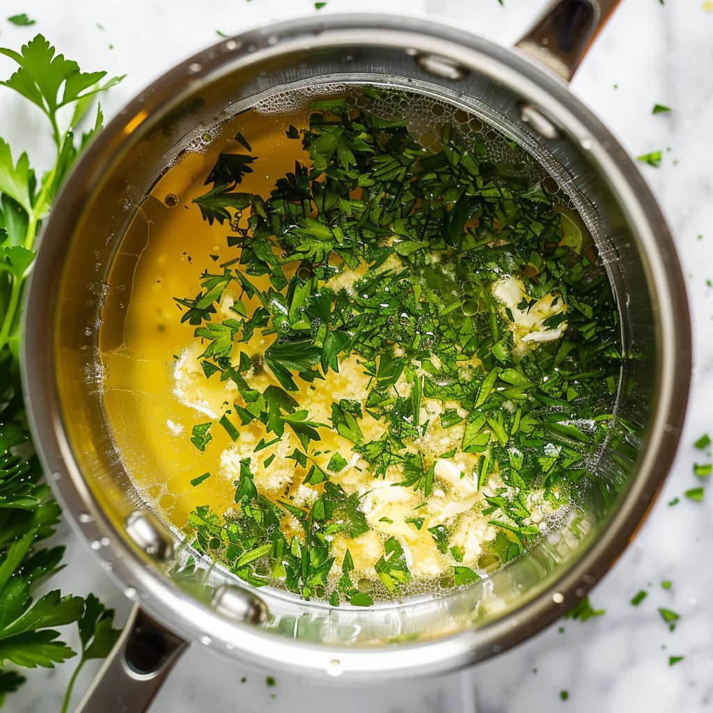 Melted butter with garlic and chopped parsley in a saucepan, top down view