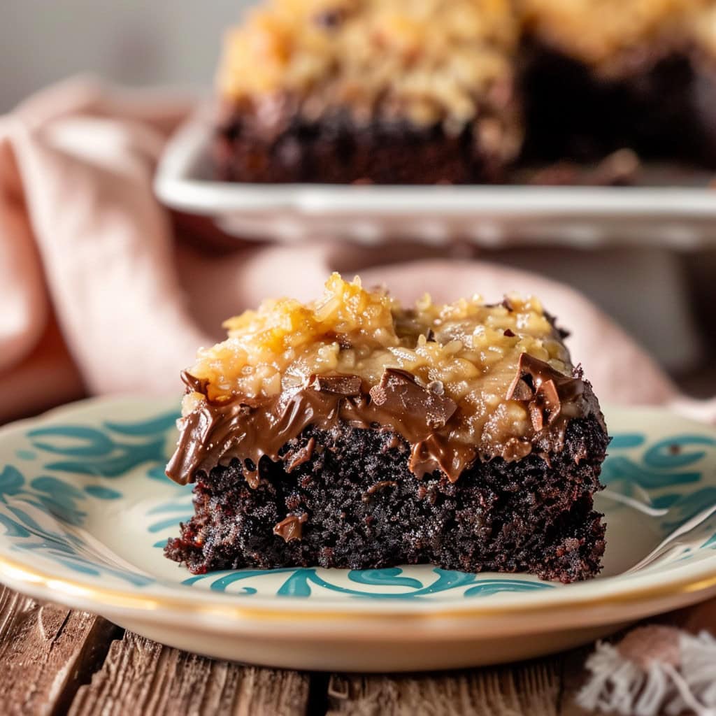 Slice of German Chocolate Poke Cake on a plate with the whole cake in the background