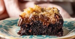 German Chocolate Poke Cake on a plate