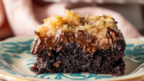 German Chocolate Poke Cake on a plate