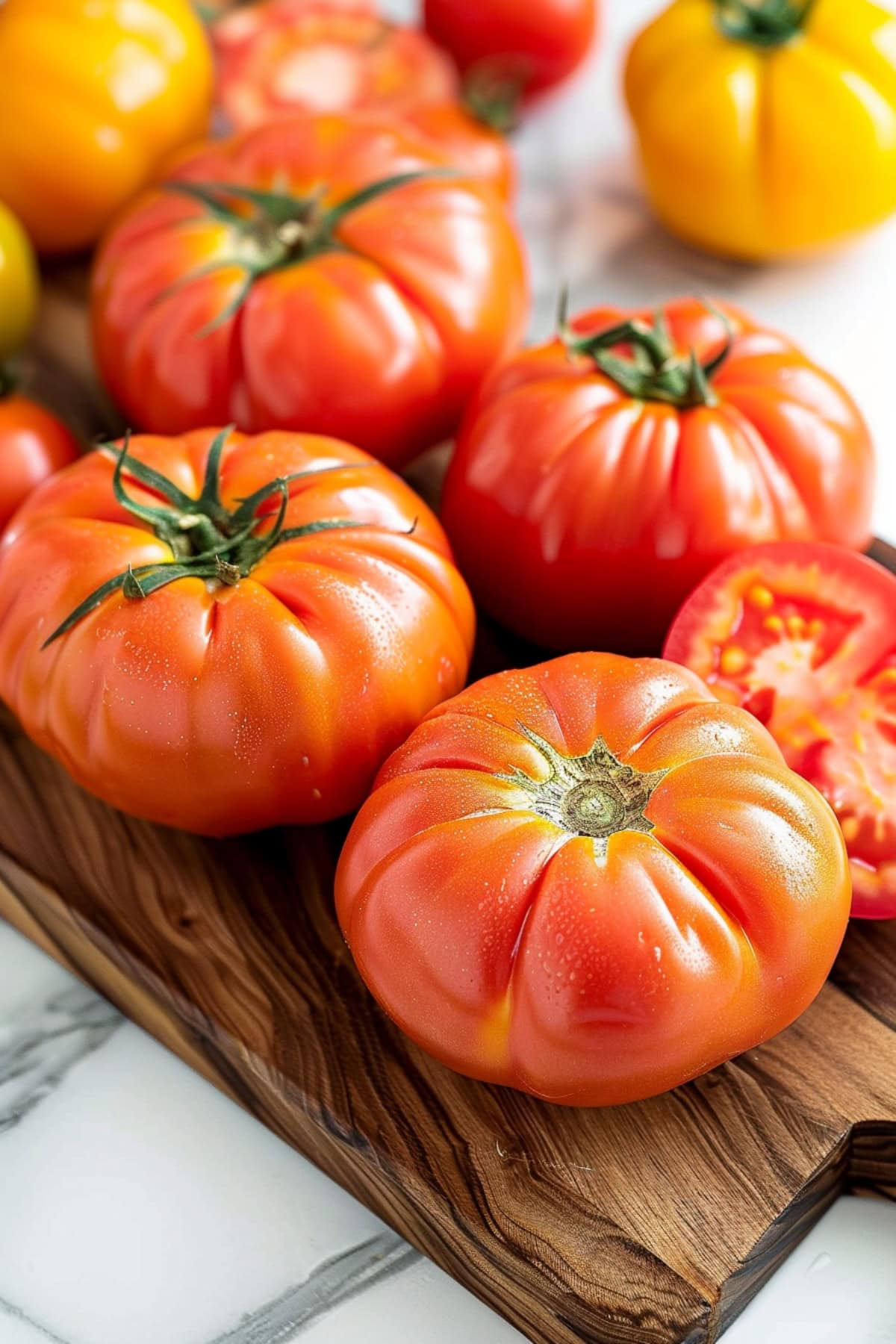 Fresh ripe heirloom tomatoes in a wooden board.