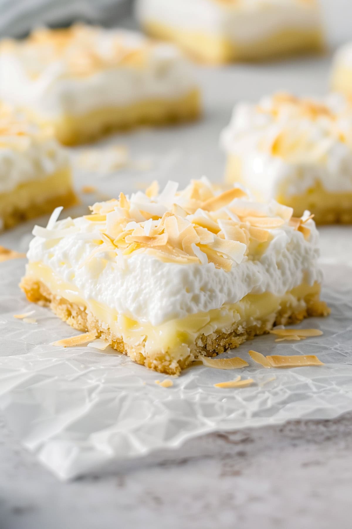 Coconut cream pie bars sliced on white parchment paper, close up.