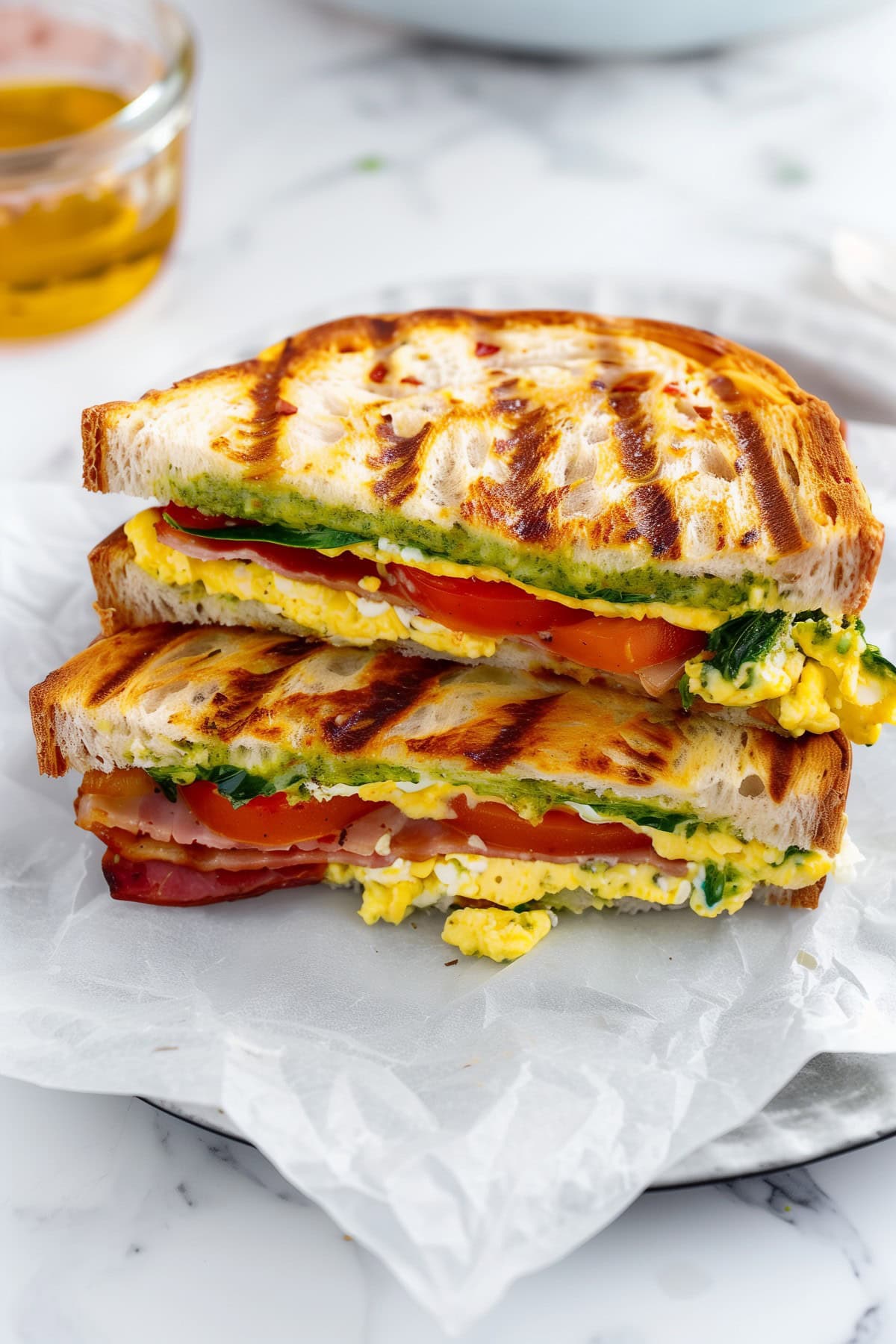 Breakfast Panini with Bacon, Scrambled Eggs and Spinach.