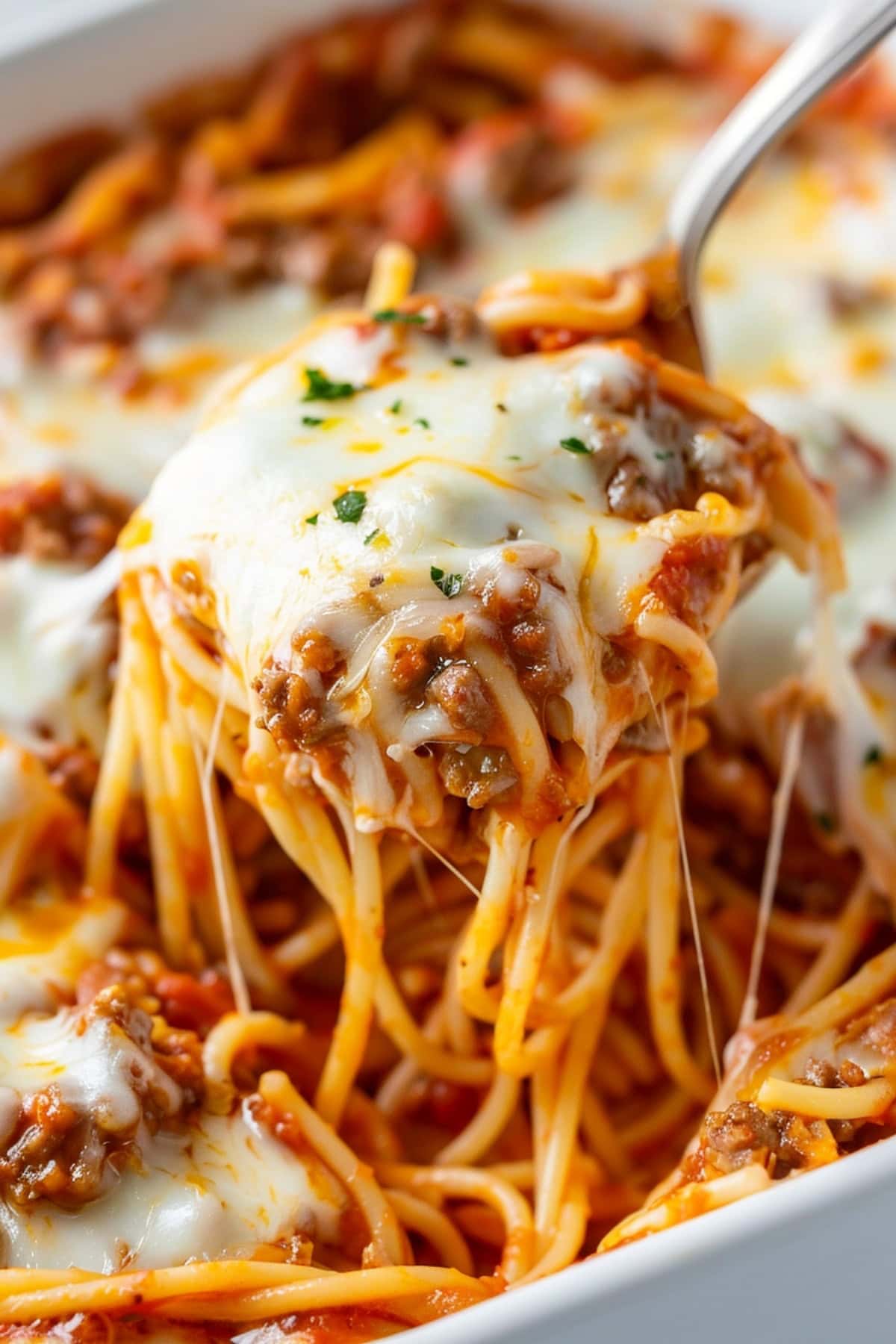 Cheesy homemade Tiktok spaghetti with ground beef in a white baking dish.