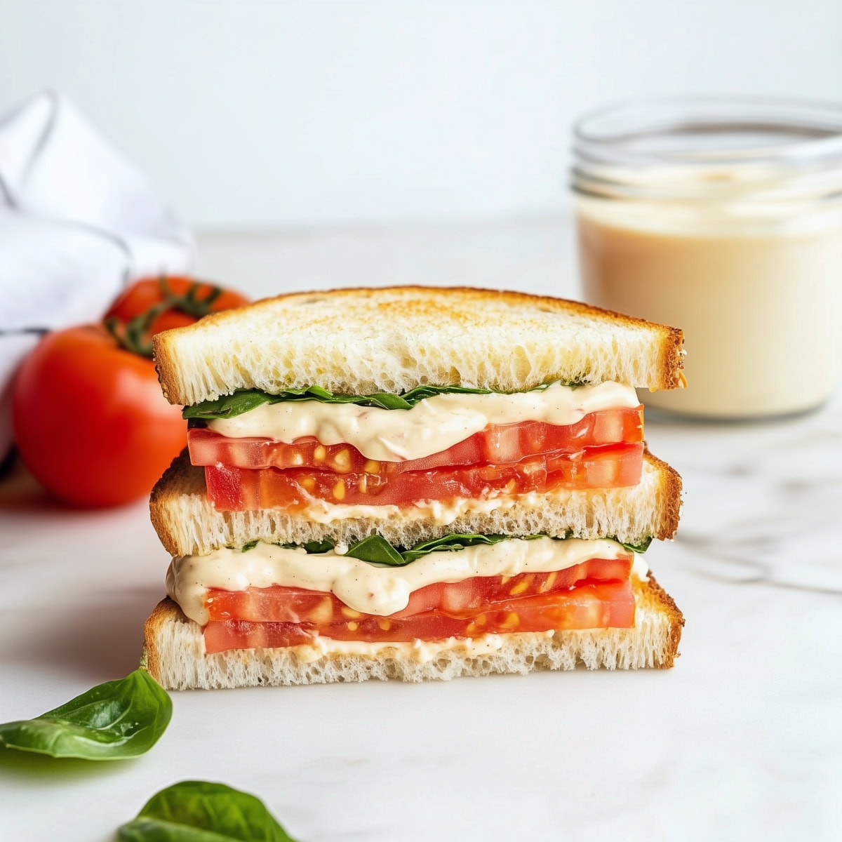 Two slices of tomato sandwiches with basil on a white marble table, mayo on the side.