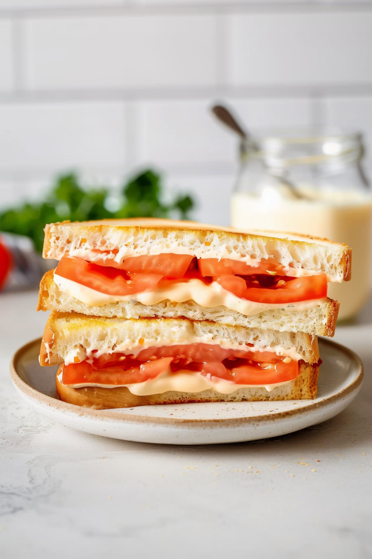 Two tomato sandwiches in a plate, Aoili sauce on the side.