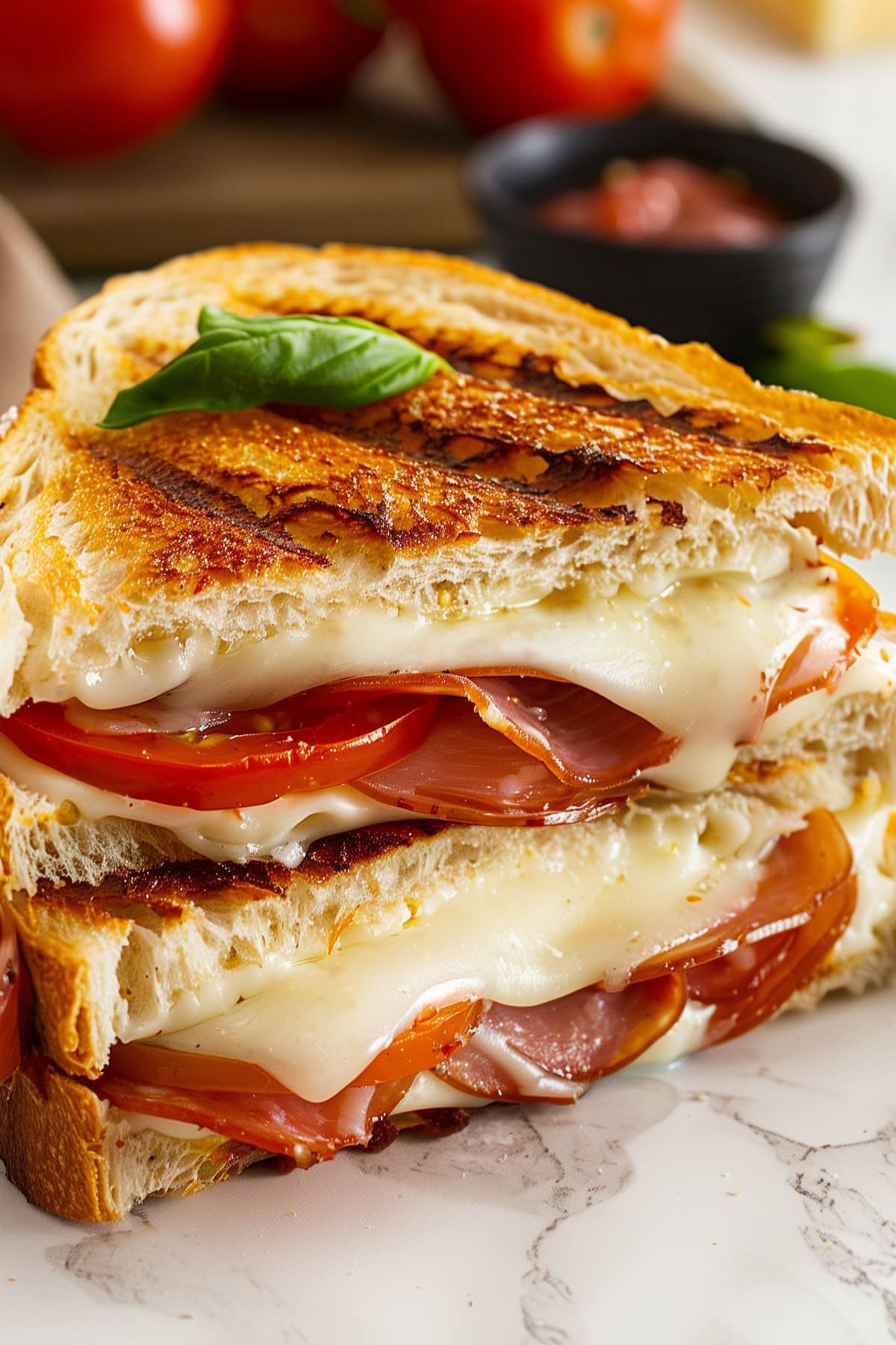 Two slices of Italian grilled cheese sandwich with salami, pepperoni and tomatoes.