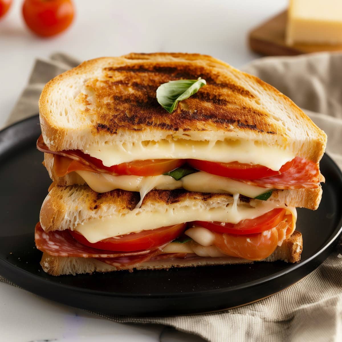 Cheesy Italian Grilled Cheese Sandwich ub a Black Plate.