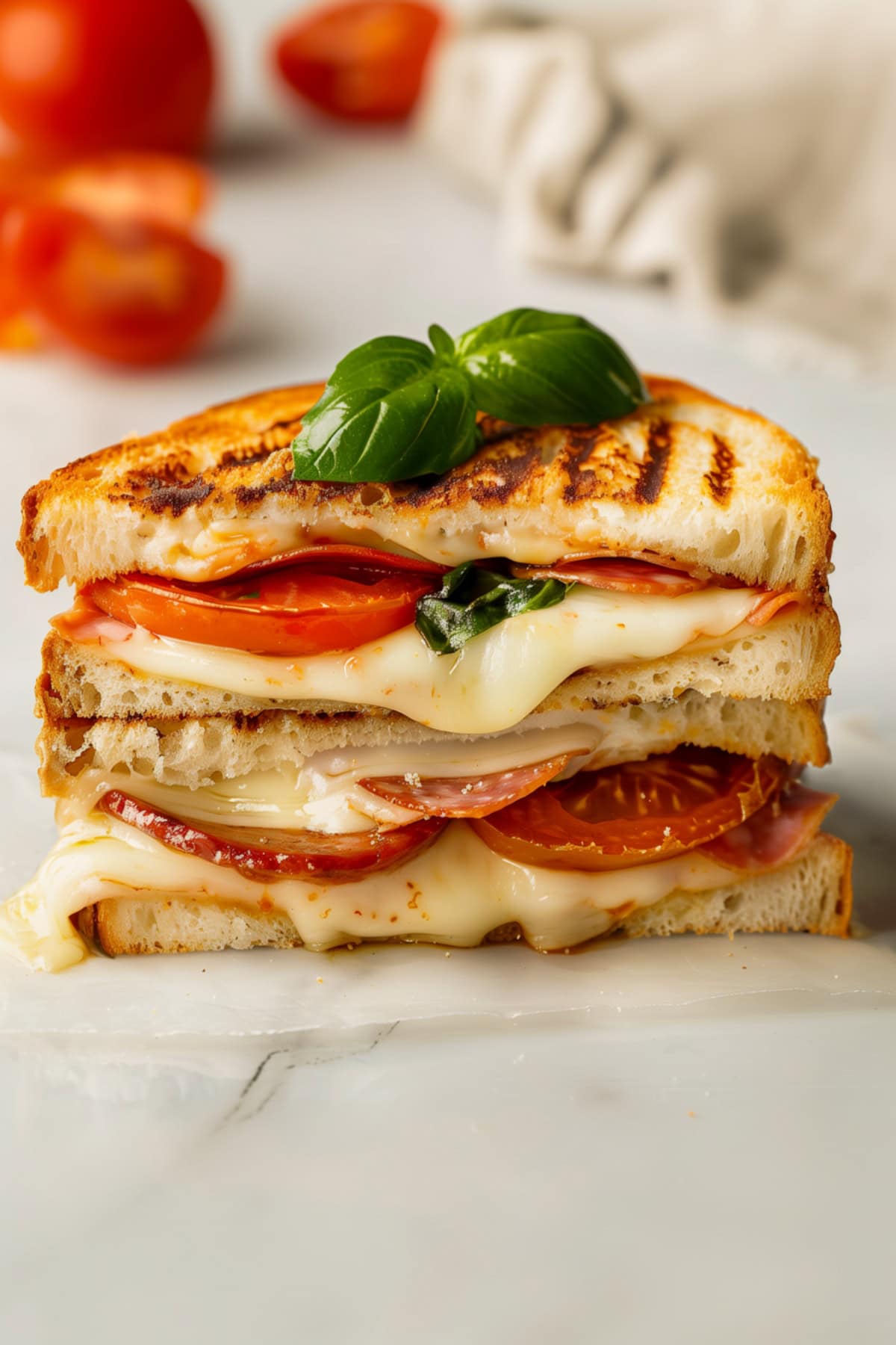 Golden Italian grilled cheese sandwich with melted mozzarella and fresh basil.