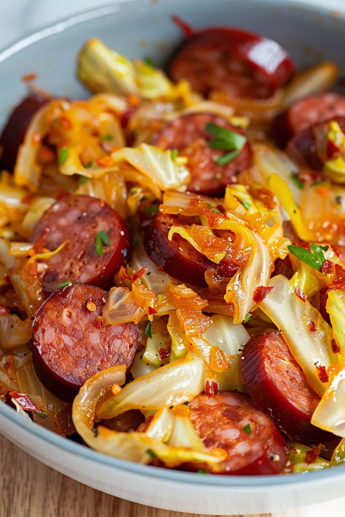 Cabbage and kielbasa sauteed in onion, garlic, vinegar, paprika and dijon mustard.