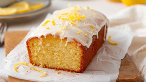 Glazed moist and soft lemon drizzle cake with zest.
