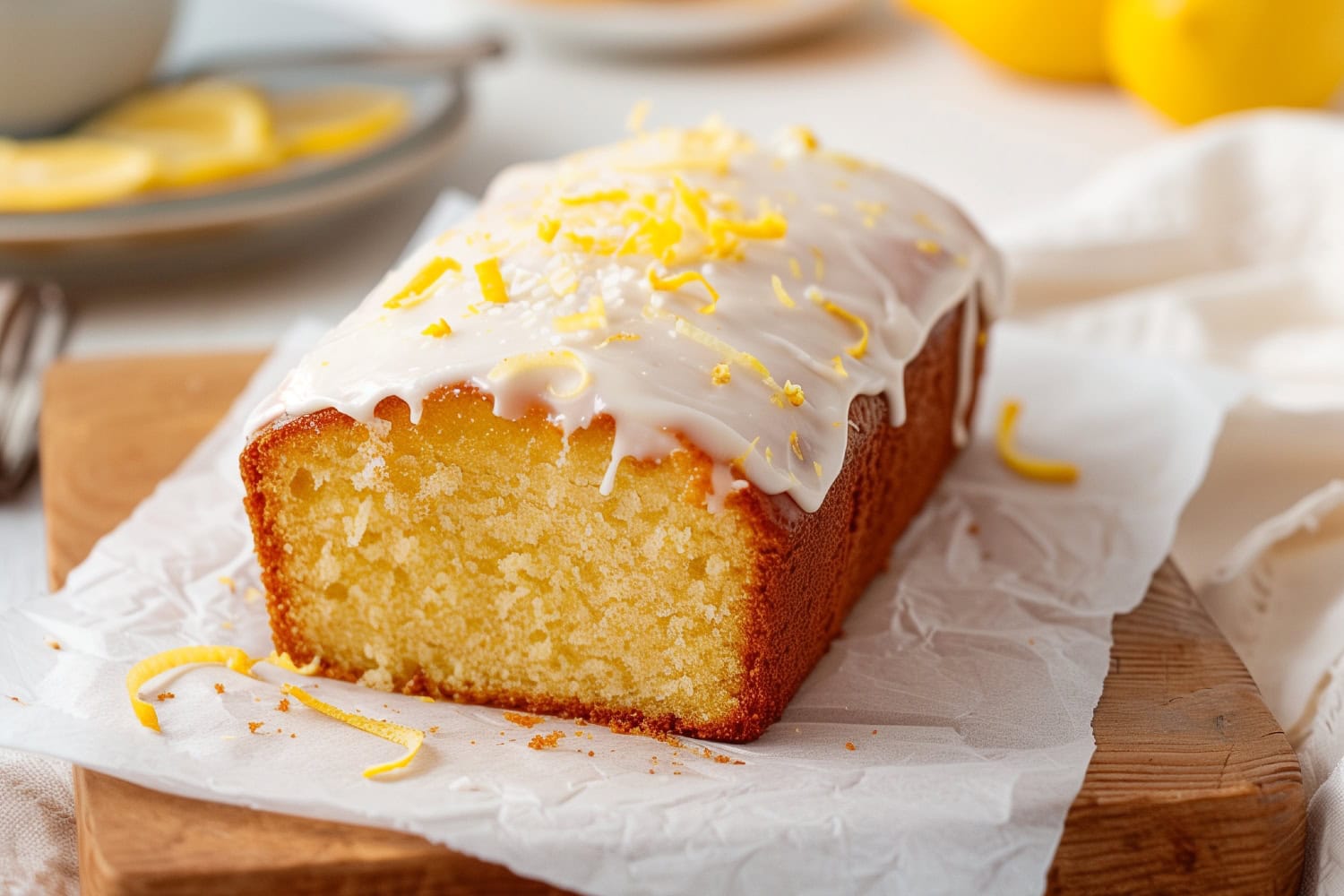 Glazed moist and soft lemon drizzle cake with zest.