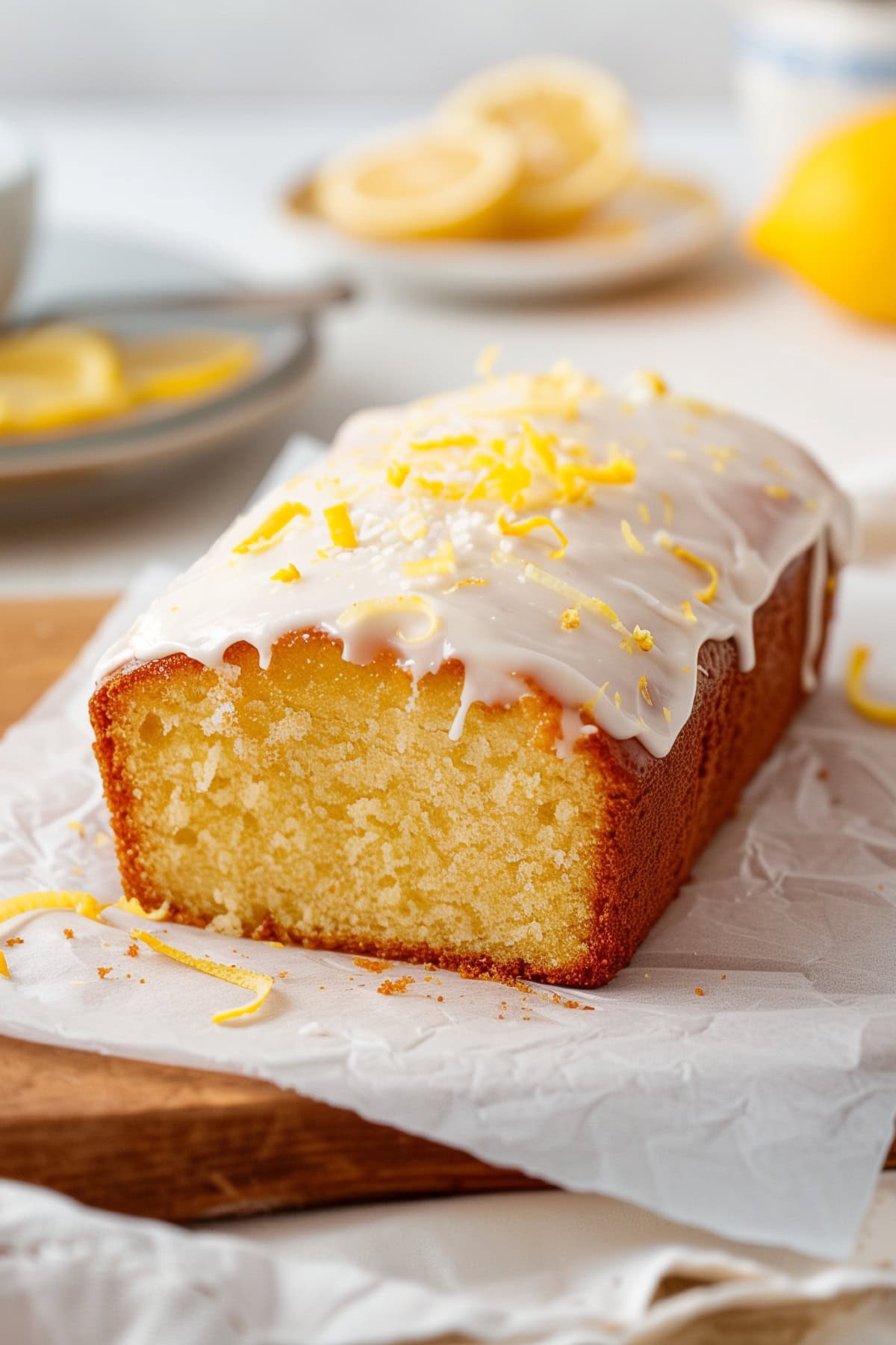 Soft and fluffy homemade lemon drizzle cake with glaze and zest.