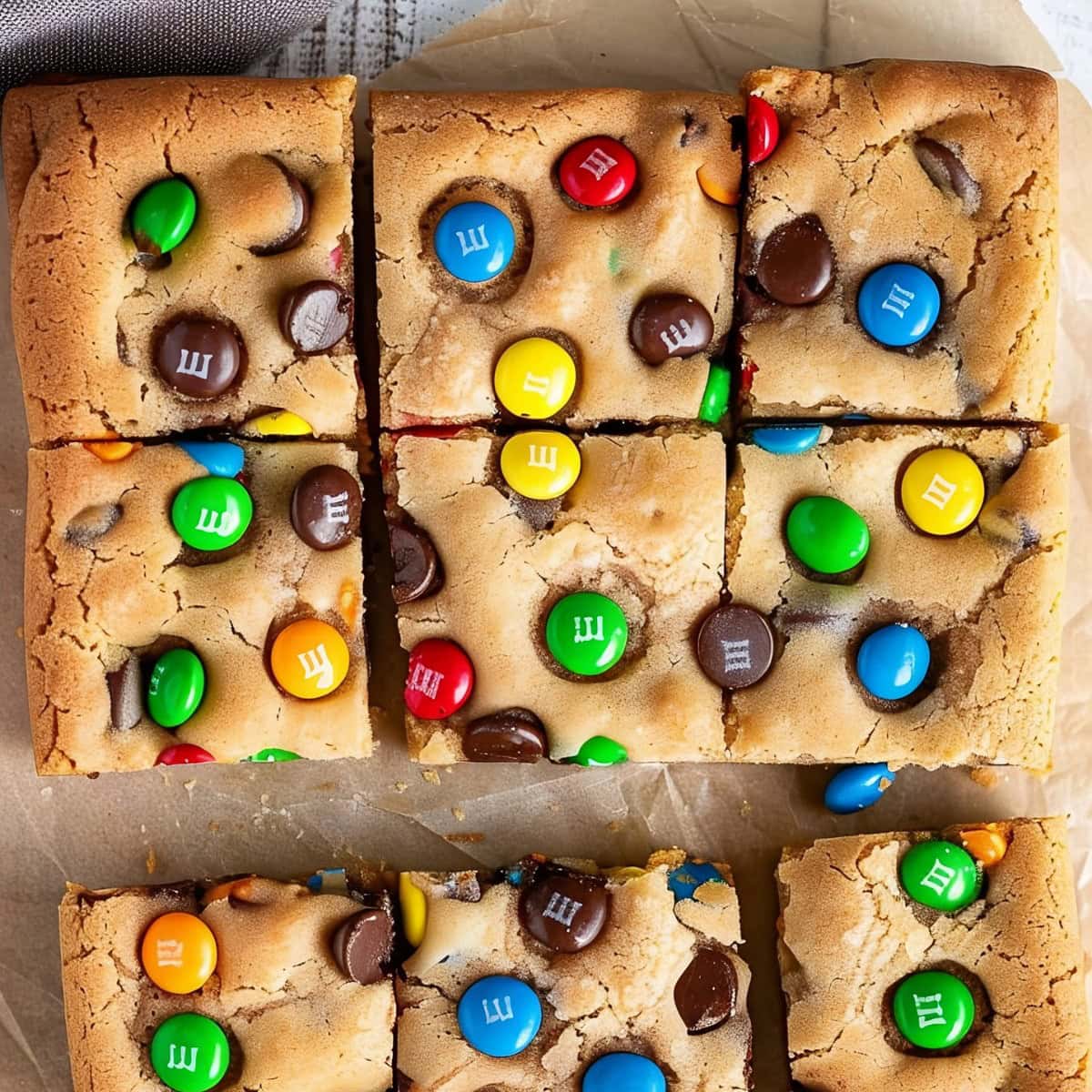 Irresistible M&M cookie bars, sliced into perfect squares and ready to be enjoyed.